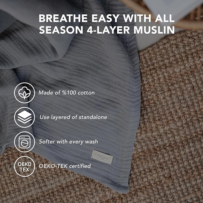 Goqan Muslin Blanket Queen 79x90 – 100% Turkish Cotton 4 Layer Boho Muslin Blanket for Adults, Four Season, Lightweight and Thin, Soft, Breathable for Bed - Light Grey