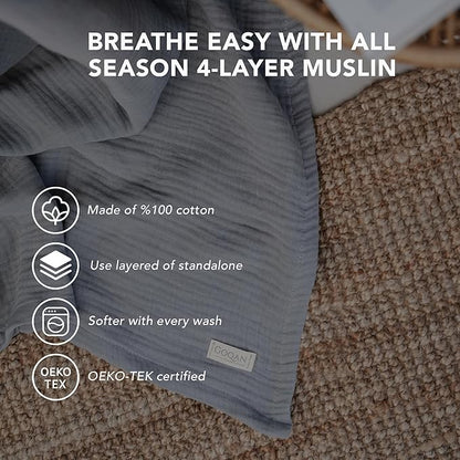 Goqan Muslin Blanket King Size 90x108 – 100% Turkish Cotton 4 Layer Boho Muslin Blanket for Adults, Four Season, Lightweight and Thin, Soft, Breathable for Bed, Couch - Light Grey