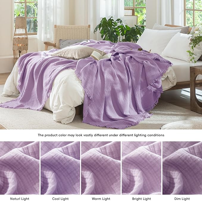 MooMee Muslin Blanket - 100% Cotton 4-Layer Gauze Throw Blanket with All-Around Fringe Ultra-Soft Breathable Lightweight Cooling for Bed Couch (Light Purple,Throw XL 50" x 70")