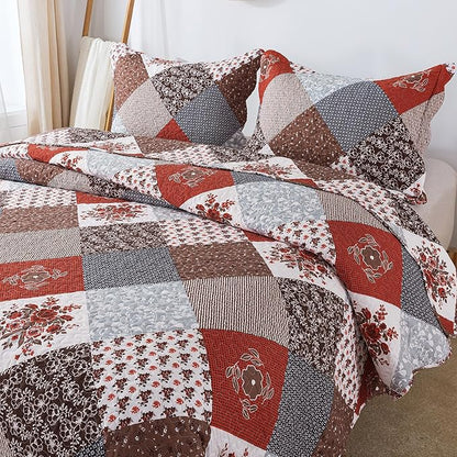 HoneiLife Quilt Set Queen Size - 3 Piece Microfiber Bedspread Reversible Coverlet Patchwork Bedding Set Lightweight Bedcover Floral Bedspreads All Season Quilts-Amaranth Red