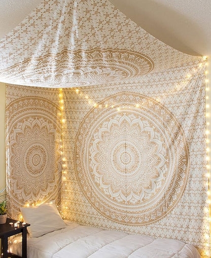 raajsee Mandala Tapestry - Boho Wall Art - 30x40 Inches - White Gold - Bedroom Decor