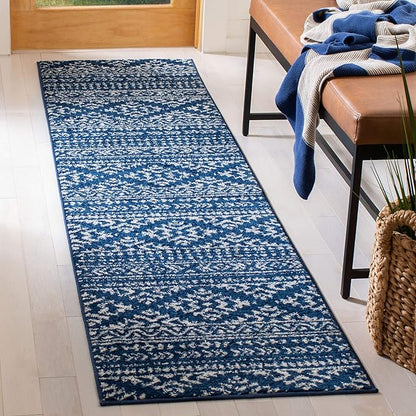 SAFAVIEH Tulum Collection Runner Rug - 2' x 9', Navy & Ivory, Moroccan Boho Tribal Design, Non-Shedding & Easy to Clean, Ideal for Living Room, Hallway, Foyer, Entryway, Bedroom (TUL272N)