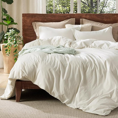 Bedsure 100% Washed Cotton Duvet Cover Queen Size - Ivory Minimalist Cotton Duvet Cover Linen Like for All Seasons - GentleSoft™ Plain Simple Bedding, 3 Pieces (Ivory, Queen, 90"x90")