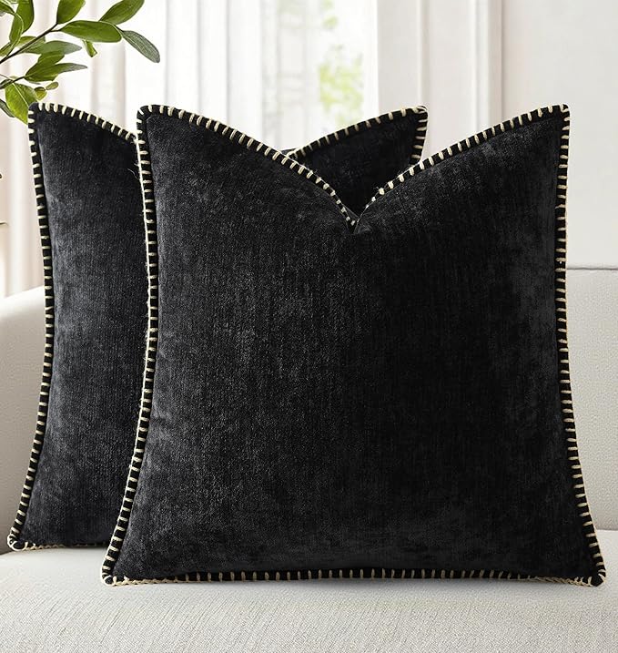 decorUhome Spring Chenille Soft Throw Pillow Covers 18x18 Set of 2, Farmhouse Velvet Neutral Decorative Pillow Covers with Stitched Edge for Couch Sofa Bed Home Decor, Black