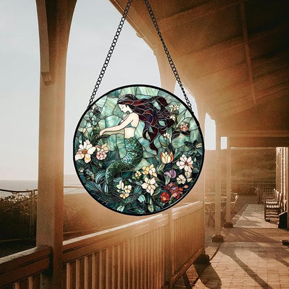 Stained Glass Window Hanging - Teal Sleeping Mermaid Suncatcher for Door Terrace Garden Home Decor, Sea of Flowers Sun Catcher Birthday Gifts for Lovers Women Men Dad Mom Nana 15 in