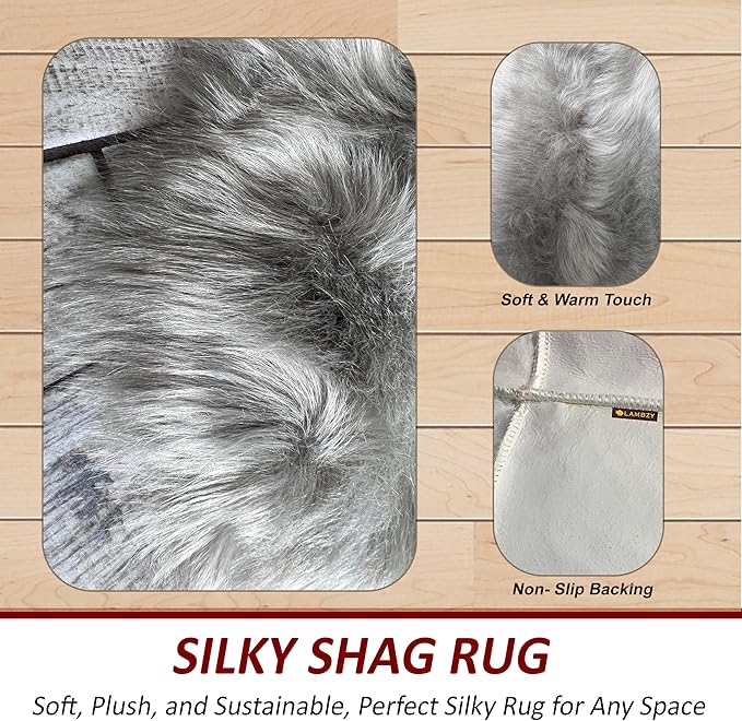 LAMBZY Faux Sheepskin Super Soft Hypoallergenic Silky Shag Rug for Living Room, Kids Room, Sofa (Double Side by Side 3'x4, Grey)
