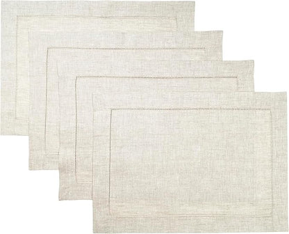 D'Moksha Homes Light Natural Linen Cloth Placemats Set of 4-100% Pure Linen Hemstitch Placemats 14 x 19 Inch - Classic Hemstitch Table Place Mats for Valentines - Handcrafted, Machine Washable