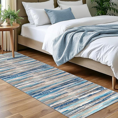 Modern Abstract Bedroom Runner Rug 2x7, Blue Washable Kitchen Runner, Non-Slip Soft Thin Faux Wool Mat for Entryway, Hallway, Laundry Room, Indoor Home Decor