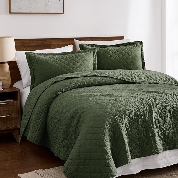 WDCOZY 100% Pre-Washed Cotton Queen Size Quilt Set - Olive Green Ruffle Box Soft Lightweight Bedspread, Textured Like Linen, Farmhouse Country Rustic Coverlet, Shabby Chic Gauze Bedding, 3 Pieces