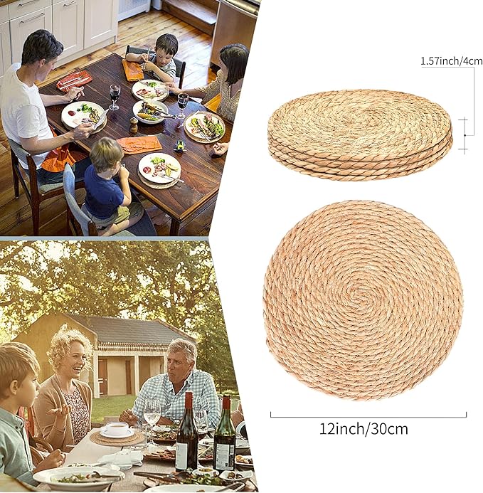 Woven Placemats Set of 4, 12 Inch Rattan Placemats Wicker Place Mats,Natural Farmhouse Jute Braided Table Runner for Kitchen Countertops, Table, Home Decor
