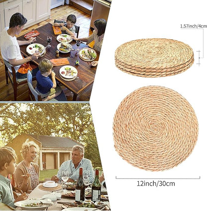 Woven Placemats Set of 4, 12 Inch Rattan Placemats Wicker Place Mats,Natural Farmhouse Jute Braided Table Runner for Kitchen Countertops, Table, Home Decor