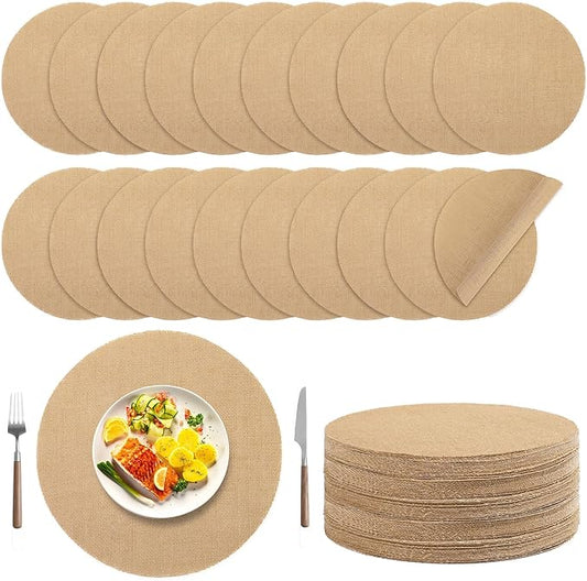 Kochorie 50 Pieces Burlap Placemats 15 Inch Round Reusable Brown Table Mats Natural Jute Fibers Placemats Bulk Circle Rustic Table Decorations for Dining Wedding Holiday Farmhouse Supplies