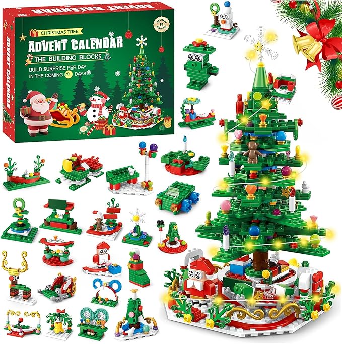 Building Block Advent Calendar 2025 Christmas Tree, 24 Days Christmas Building Block Advent Calendar | 2 Play Ways Xmas Tree & 24 Small Models, 2025 New Year Gifts for Adults Kids Teens