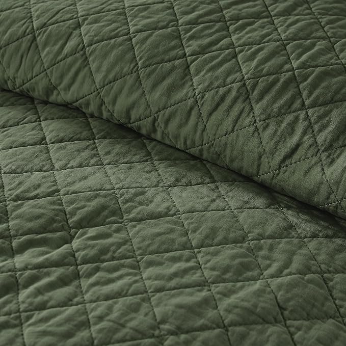 WDCOZY 100% Pre-Washed Cotton Queen Size Quilt Set - Olive Green Ruffle Box Soft Lightweight Bedspread, Textured Like Linen, Farmhouse Country Rustic Coverlet, Shabby Chic Gauze Bedding, 3 Pieces