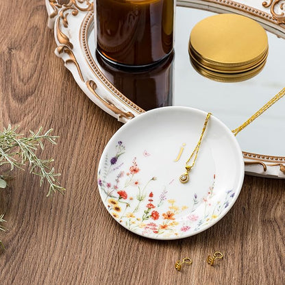 Crisky Initial Jewelry Tray Ring Dish & Gift Box, Ceramic Flower Trinket Dish for Rings Earrings Necklaces Keys, Bridal Shower Engagement Birthday Gift for Women, Friends 4.57" (Gold Foil J