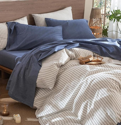 MooMee Bedding Sheet Set 100% Washed Cotton Linen Like Textured Breathable Durable Soft Comfy (Heathered Blue, California King)
