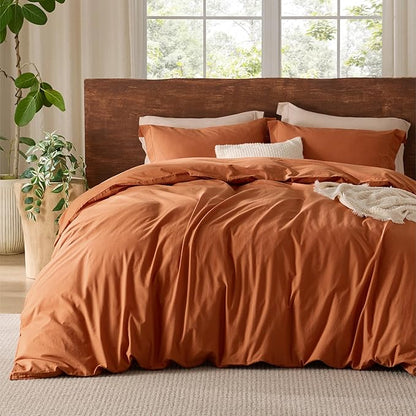 Bedsure 100% Washed Cotton Duvet Cover King Size - Burnt Orange Minimalist Cotton Duvet Cover Linen Like for All Seasons - GentleSoft™ Plain Simple Bedding (Burnt Orange, King, 104"x90")