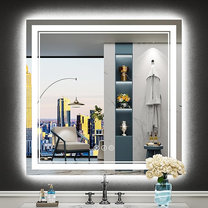 36x36 Inch LED Bathroom Mirror with Lights, Backlit & Front Lit, Anti-Fog Lighted Vanity Mirrors for Bathroom Wall, Dimmable, 3 Color Temperatures, Memory, Shatter-Proof, HD Tempered Glass
