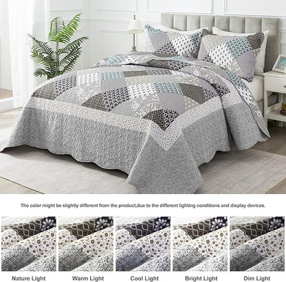 HoneiLife King Size Quilt Set - 3 Piece Microfiber Quilts Reversible Bedspreads Patchwork Coverlets Rustic Bedding Set for King Bed