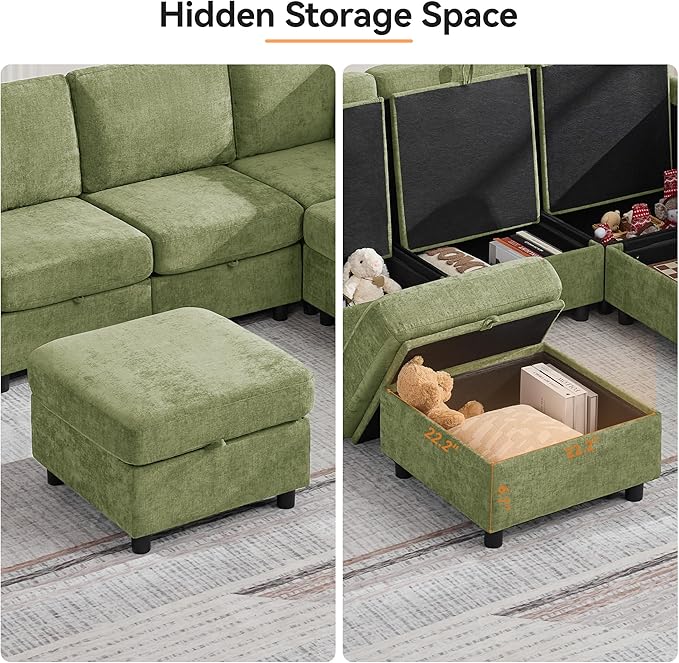 104'' U Shaped Modular Sofa, Sectional Couches with Storage for Living Room, Oversized 8 Seater Cloud Sectional Couch, Chenille Green