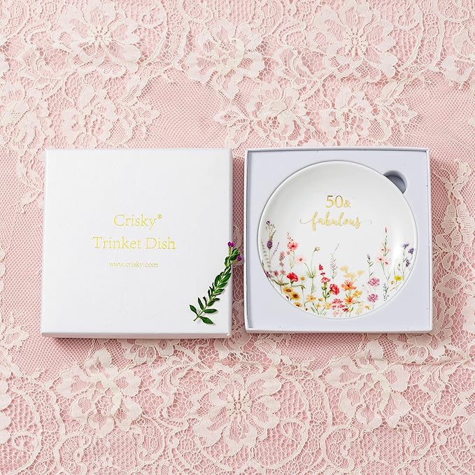 Crisky 50 Fabulous Jewelry Ring Dish for Women 50th Birthday Gifts Idea for 50 Year Old Gifts for Her Friend Sister Wife Mom Aunt Female Coworkers