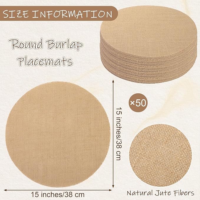 Kochorie 50 Pieces Burlap Placemats 15 Inch Round Reusable Brown Table Mats Natural Jute Fibers Placemats Bulk Circle Rustic Table Decorations for Dining Wedding Holiday Farmhouse Supplies