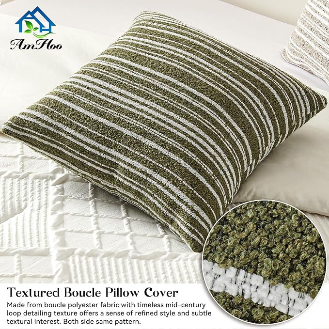 AmHoo Pack of 2 Textured Boucle Throw Pillow Covers Accent Striped Cozy Soft Decorative Couch Cushion Case for Chair Sofa Bedroom Living Room Home Decor 18 x 18-Inch Sage Green