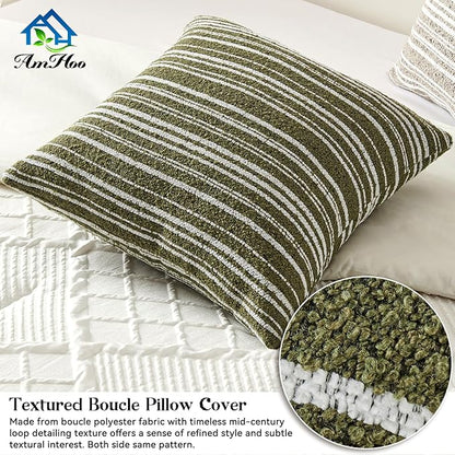 AmHoo Pack of 2 Textured Boucle Throw Pillow Covers Accent Striped Cozy Soft Decorative Couch Cushion Case for Chair Sofa Bedroom Living Room Home Decor 18 x 18-Inch Sage Green