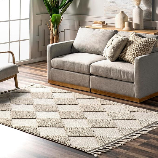 Nuloom Marissa Beige/Ivory, 2'6" x 6', Diamond, Tassel, Soft and Cozy, High Traffic, Stain Resistant, Easy Clean, Durable Runner for Bedroom, Living Room, Dining Space, Den, Foyer, Entryway
