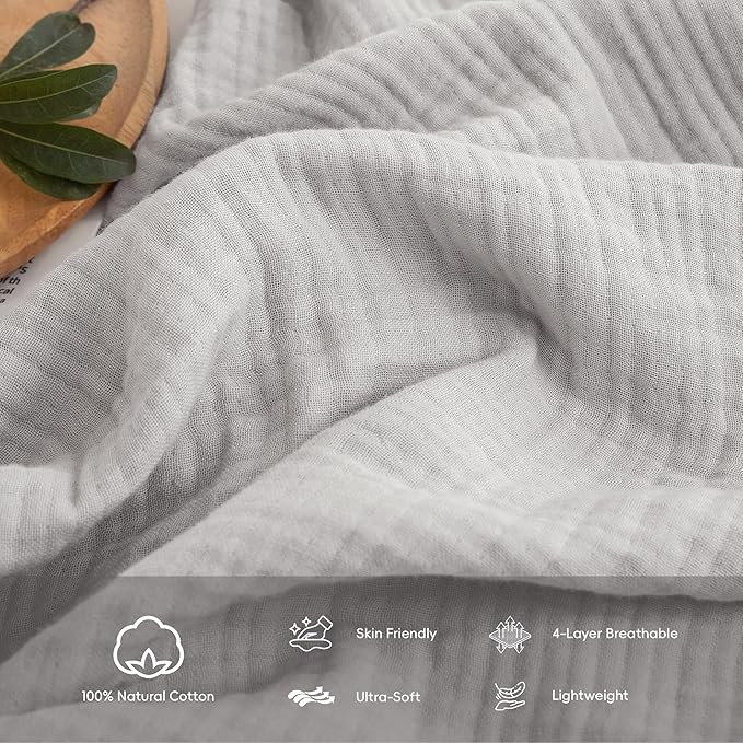 FOSSA Muslin Blanket with Fringe - 4-Layer 100% Cotton Gauze Super Soft & Breathable Throw -Lightweight Decorative Cooling Blanket for Bed, Sofa, Office (Grayish, King (104" × 90"))