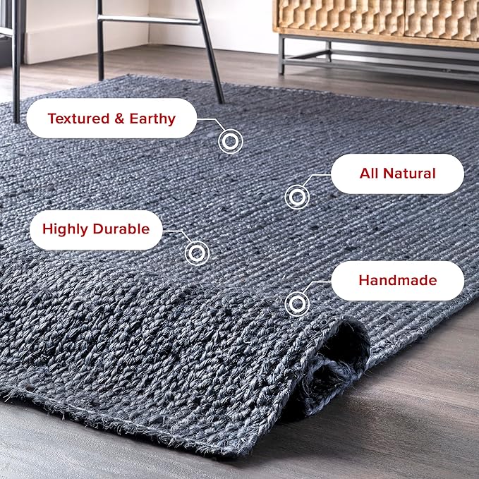 nuLOOM 2x10 Rigo Jute Hand Woven Area Rug, Navy, Solid Farmhouse Design, Natural Fiber, For Bedroom, Living Room, Dining Room, Hallway, Office, Kitchen, Entryway