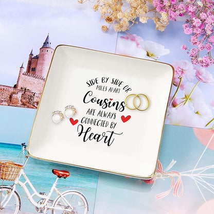 Birthday,Graduation,Wedding,Long Distance,Going Away,Christmas Gift for Cousin-Jewelry Holder Gift for Cousin-Ring Dish-Trinket Tray Present-Side by or Miles Apart Cousins Are Always Connected Heart
