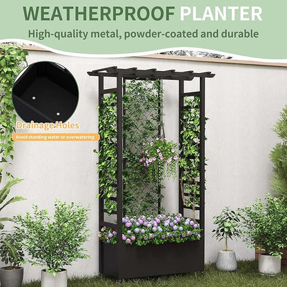Raised Garden Bed with Trellis & Hanging Roof, Weatherproof Metal Planter Box with Wheels, Garden Arch Trellis for Outdoor Climbing Plants Vines Flowers, 74" H x 44" L x 17" W, Black