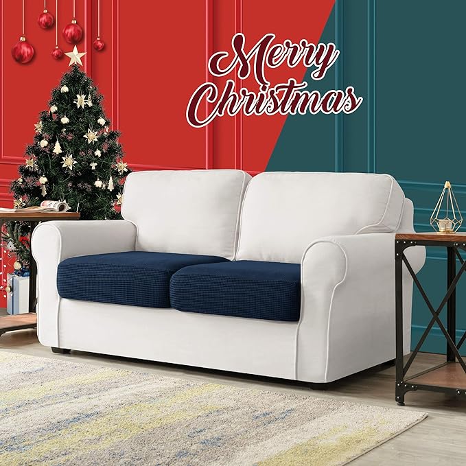 CHUN YI 2Piece Stretch Couch Cushion Covers, Sofa Seat Slipcovers for Pets, Suitable for Armchair Loveseat Sofa with Spandex Jacquard Washable Fabric (2Piece,Navy)