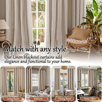Lajode 40 Inch Length Linen Blackout Curtains for Short Cafe Window, Thermal Insulated Light Blocking Soundproof Privacy Burlap Curtains 2 Panels, Each 38 Inch Wide Beige