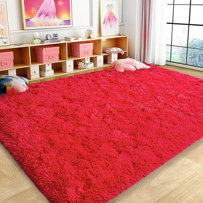 Ultra Fluffy Rug for Living Room Bedroom, 5x7 Fuzzy Large Area Rug for Living Room, Plush Soft Shag Carpet for Girl Boy Kids, Non Slip Rug Modern Indoor Home Decor Aesthetic, Red