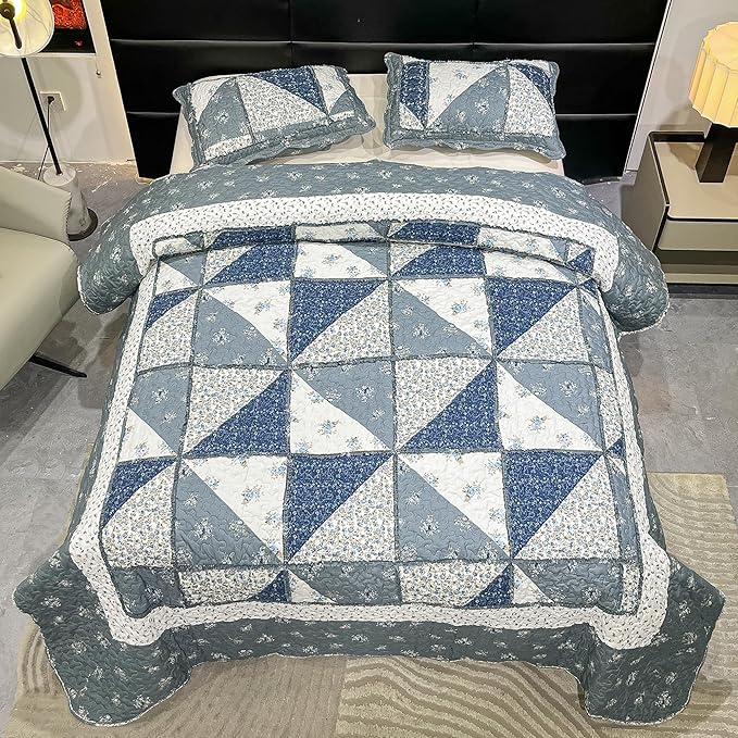 Patchwork Quilt Set King Size Quilted Bedspread Coverlet Set 3-Piece Grey Lightweight Comforter Floral Reversible Stitched Quilt Bedding Set Bed Cover Blanket with 2 Pillow Shams for All Season