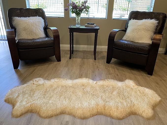 LAMBZY Faux Sheepskin Super Soft Hypoallergenic Silky Shag Rug for Living Room, Kids Room, Sofa (Double 2'x6', White/Brown Tips)