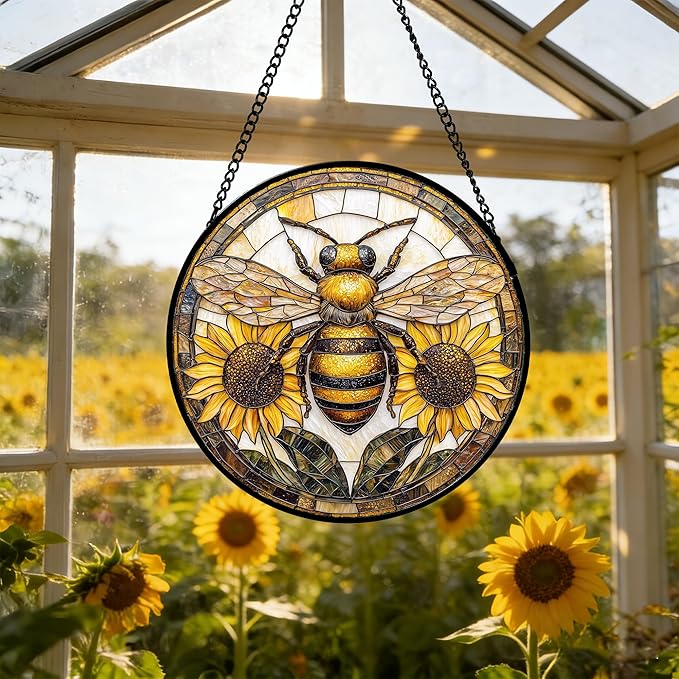 DASTOLL Stained Glass Window Hanging - Bee Sunflower Yellow Suncatcher Ready to Hang Window Doors Home Decoration and Christmas, Mother's Day Birthday Gifts for Women, Men, and Mom 7.8x7.8 in