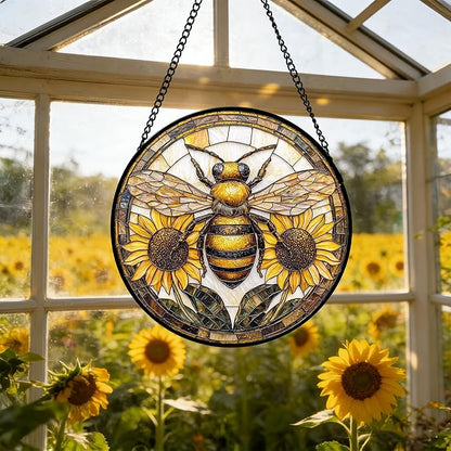 DASTOLL Stained Glass Window Hanging - Bee Sunflower Yellow Suncatcher Ready to Hang Window Doors Home Decoration and Christmas, Mother's Day Birthday Gifts for Women, Men, and Mom 7.8x7.8 in