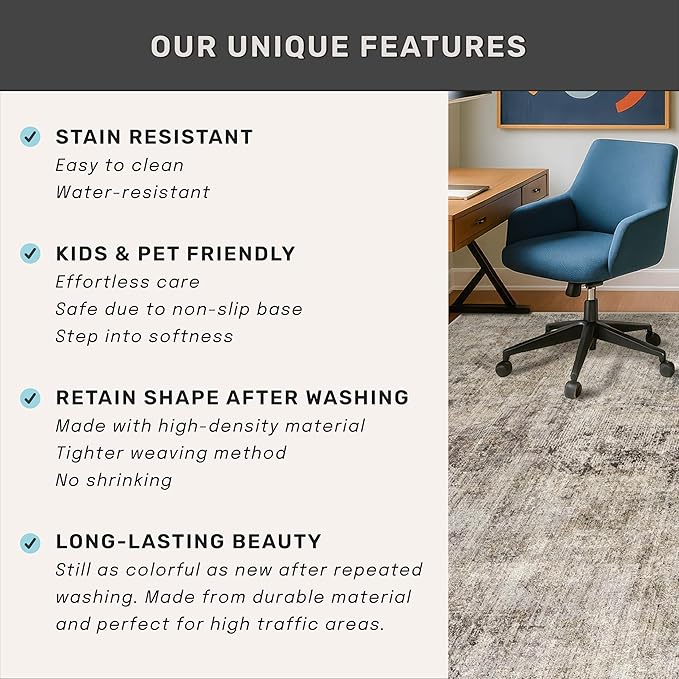 6x9 Brown Vintage Rug for Dining Room Under Kitchen Table, Modern Abstract Taupe Earthy Living Room Rug, Washable Non Slip Foldable High Traffic Area Carpet