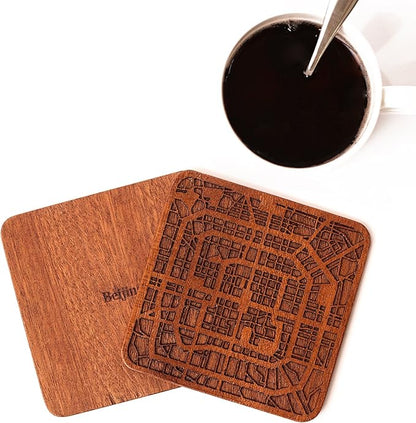 Beijing Map Coaster by O3 Design Studio, Set Of 4, Sapele Wooden Coaster With City Map, Handmade