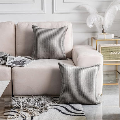 Home Brilliant Decorative Throw Pillow Covers 18x18 Inch for Living Room Couch Bed Sofa, Soft Striped Corduroy Square Pillow Covers, Set of 2, 18 x 18, Ash Grey