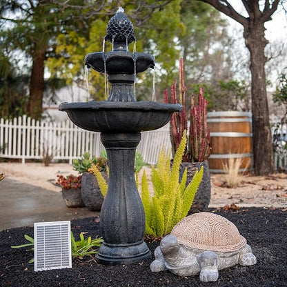 XBrand 44" H Black Fiberglass/Resin 2-Tier Solar Water Fountain with Auto-Shut Off Pump, Tall Outdoor Fountain, Two Tiered Birdbath