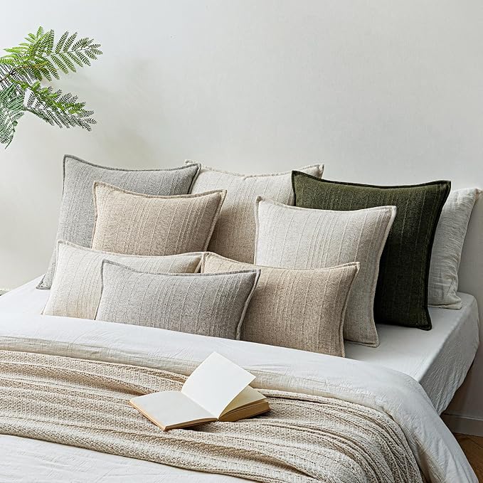 a moment Linen Pillow Covers Set of 2,Boho Farmhouse Throw Pillowcases Neutral Textured Decorative Covers for Couch Sofa,Linen Blend Accent Case Cushion Living Room Home Decor 26"x26" Ivory