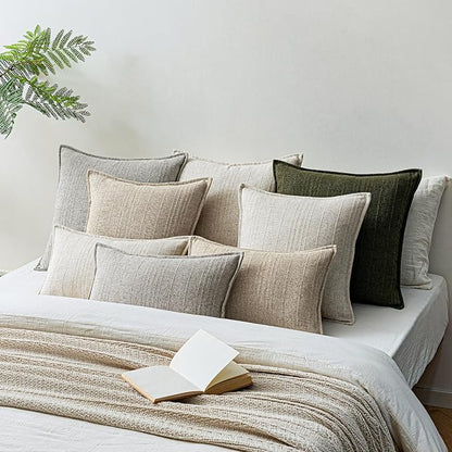a moment Linen Pillow Covers Set of 2,Boho Farmhouse Throw Pillowcases Neutral Textured Decorative Covers for Couch Sofa,Soft Linen Blend Accent Case Cushion Living Room Home Decor 22"x22"Ivory
