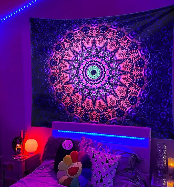 ADDWel Blacklight Mandala Boho Tapestry Glow In The Dark, Black Light Bohemian Hippie Poster Wall Hanging for Bedroom Aesthetic Wall and Room Decor (30" x 40", Mandala)