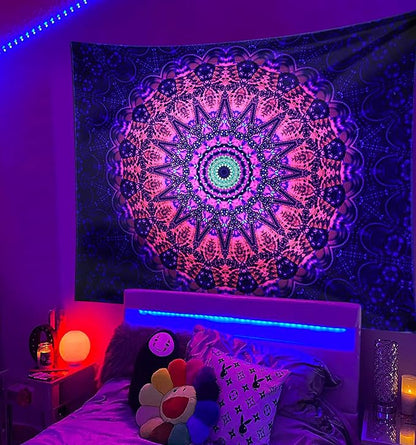 ADDWel Blacklight Mandala Boho Tapestry Glow In The Dark, Black Light Bohemian Hippie Poster Wall Hanging for Bedroom Aesthetic Wall and Room Decor (30" x 40", Mandala)