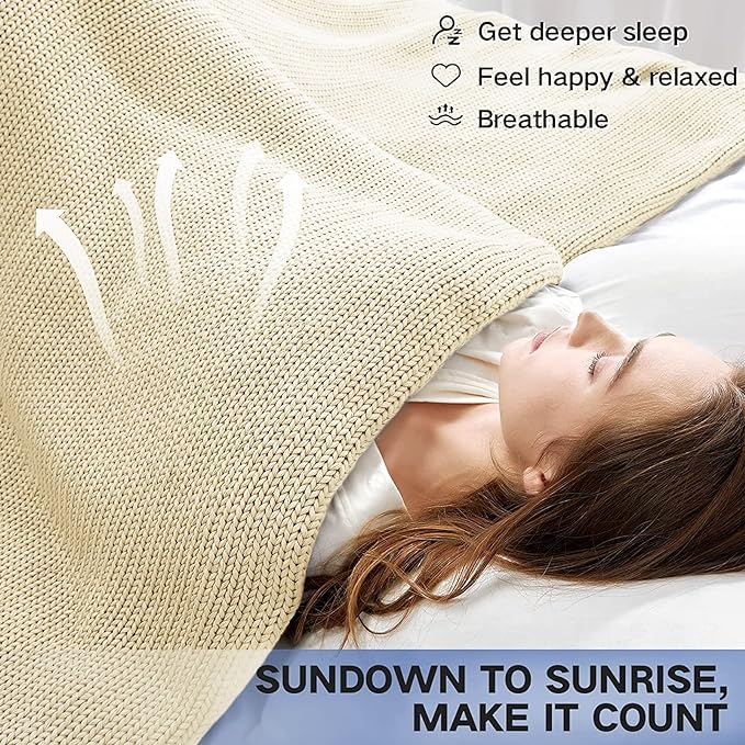 Guohaoi Knitted Weighted Blanket for Adults (Cream 50"x75" 20lbs) No Beads Cooling Throw Blanket for Hot Sleepers, Home Decor Breathable Chunky Knit Heavy Blanket Use on Full Size Bed