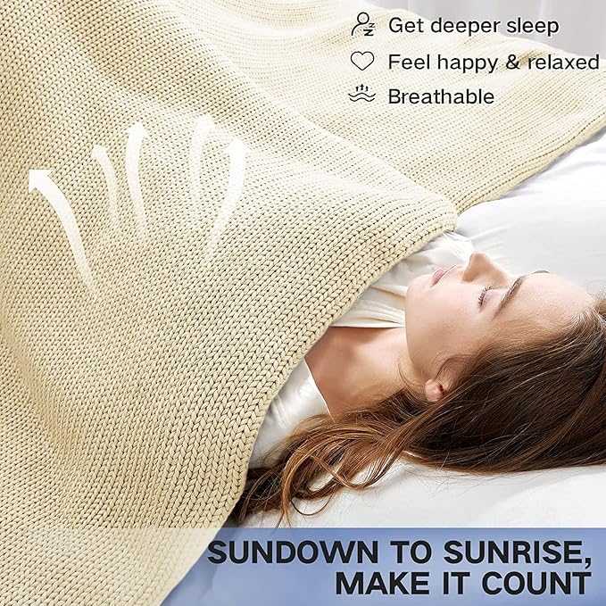 Guohaoi Knitted Weighted Blanket for Adults (Cream 60"x80" 15lbs) No Beads Cooling Throw Blanket for Hot Sleepers, Home Decor Breathable Chunky Knit Heavy Blanket Use on Queen/King Size Bed